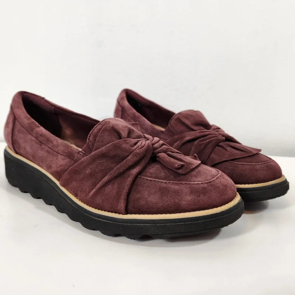Clarks Sharon Dasher Burgundy Suede Comfort Shoes Slipon Womens Size 9.5 Loafers